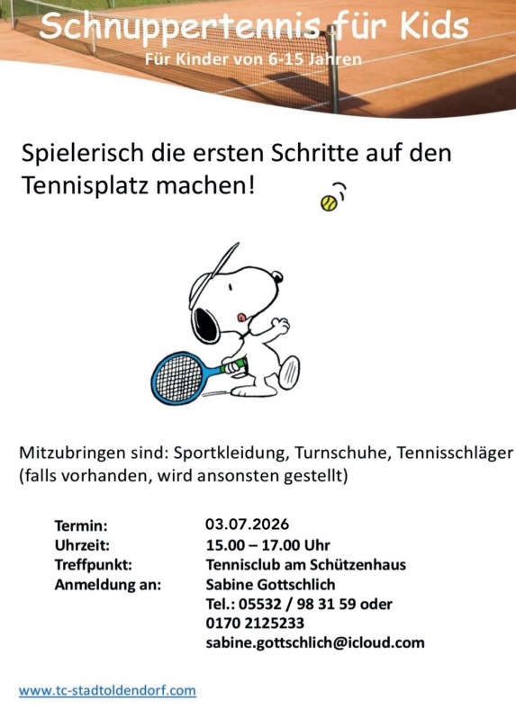 Flyer für Schnuppertennis für Kinder von 6–15 Jahren; Snoopy spielt Tennisball-Termin 03.07.2026, 15–17 Uhr, TC Stadtoldendorf (Treffpunkt am Schützenhaus).