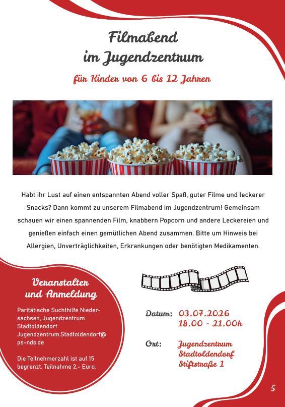 Poster advertising a children's film night at the Jugendzentrum Stadtilendorf for ages 6–12, with popcorn image and event details