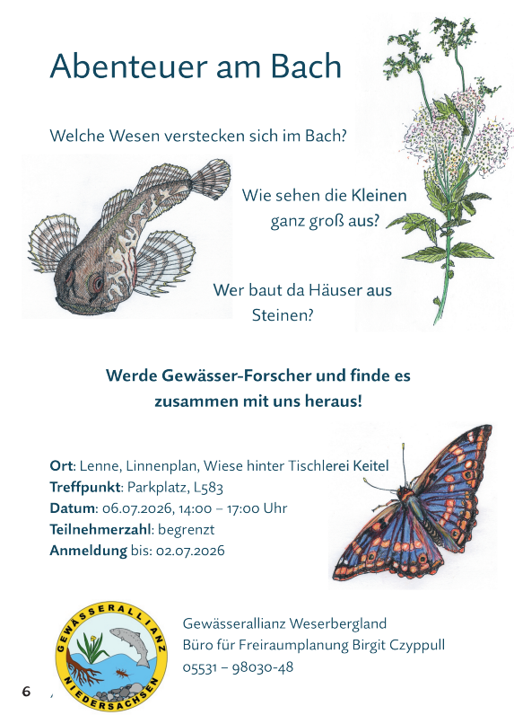 Flyer »Abenteuer am Bach« mit Zeichnungen eines Fisches, einer Blütenpflanze und eines Schmetterlings; Text lädt ein, Wesensarten am Bach zu entdecken und Wasserforscher zu werden. Eventdaten: Ort Len­ne, Parkplatz L583, Datum 06.07.2026, 14:00–17:00, Teilnahme begrenzt, Anmeldung bis 02.07.2026; logos der Gewässerallianz Weserbergland und Partner.