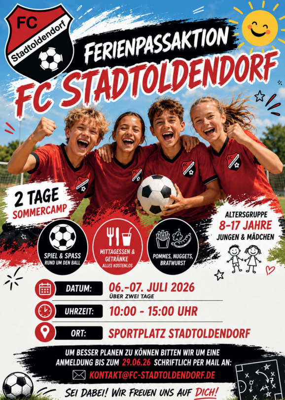 Poster for FC Stadtoldendorf Ferienpassaktion: four smiling kids in red jerseys with a soccer ball, celebrating; two-day camp on July 6–7, 2026 at Sportplatz Stadtoldendorf (ages 8–17).