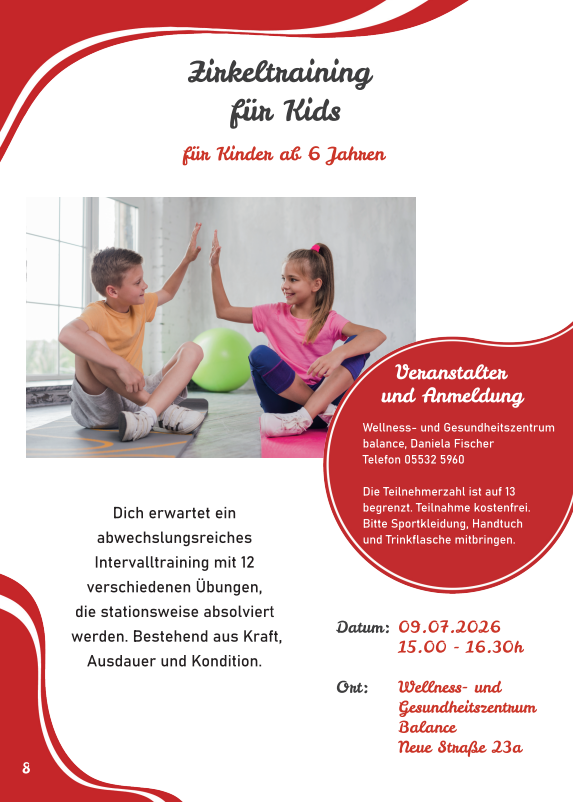 Werbebild für Zirkelttraining für Kids ab 6 Jahren; zwei Kinder geben sich beim Training High Five, rote Zierleisten im Hintergrund.
