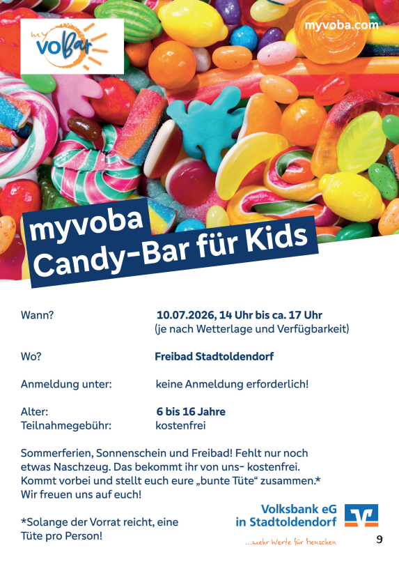 Colorful candy-filled poster advertising 'myvoba Candy-Bar für Kids' with logos, inviting families to a kids' candy event.
