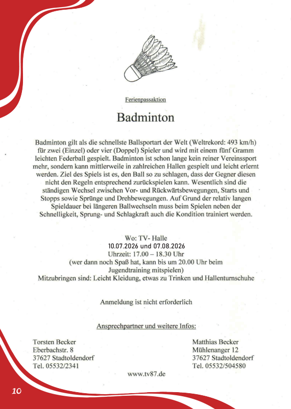 German flyer announcing a badminton event with a shuttlecock illustration; dates 10.07.2026 and 07.08.2026 at TV-Halle, 17:00–18:30, with registration and contact info, and a red decorative border.