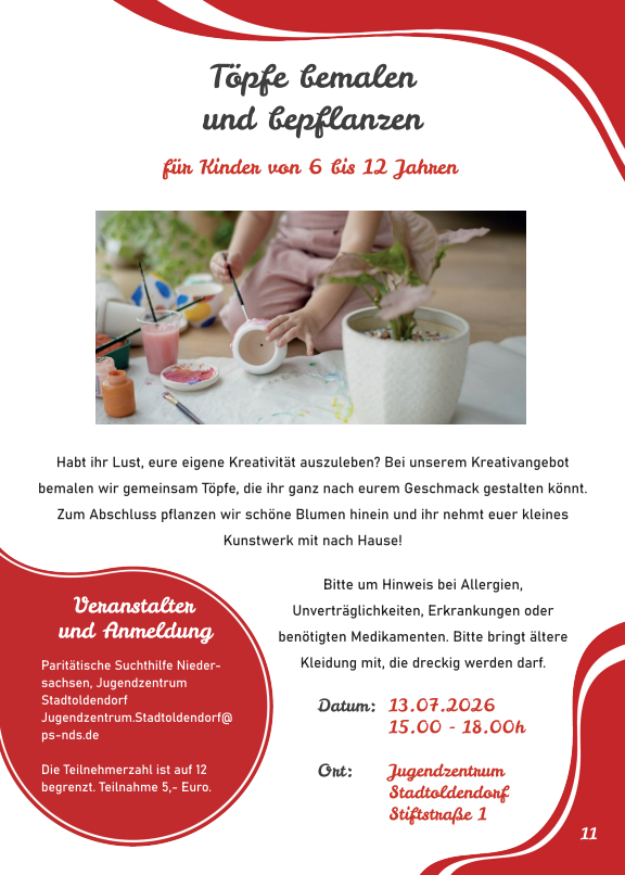 Flyer for a children’s pottery painting and plant workshop; kids paint a white pot at a table with paints and brushes.