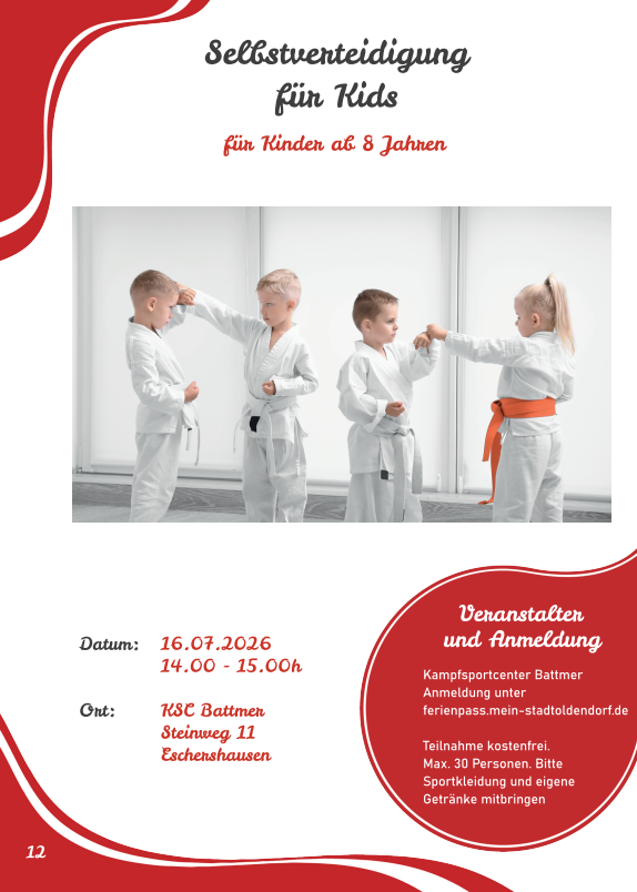 Vier Kinder in weißen Judo-/Kampfanzügen üben Selbstverteidigung, Kurs für Kinder ab 8 Jahren (Flyerbild)