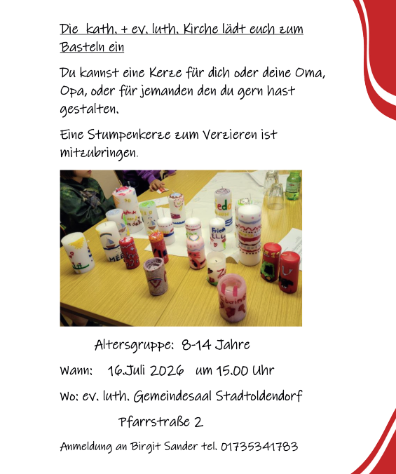 Flyer for a candle-decorating workshop for kids 8–14 on July 16, 2026 at 3:00 PM, Evangelical church hall in Stadtoldendorf; contact Birgit Sander.