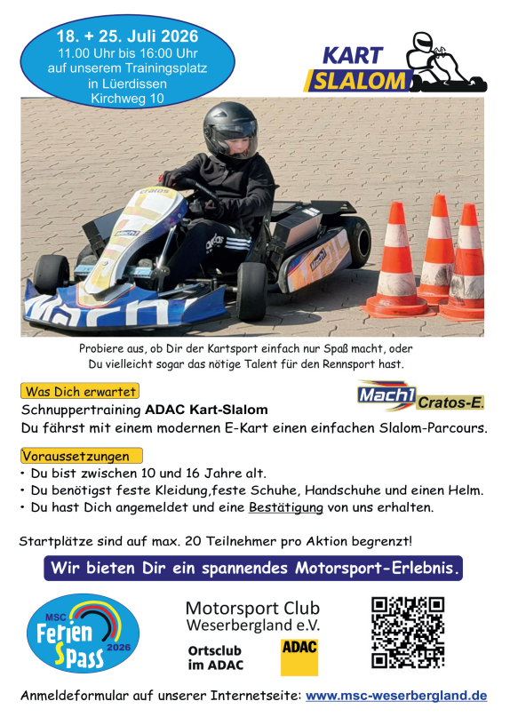 Kart-Slalom poster: racer in a go-kart navigating orange cones, with event dates and venue details visible in German.
