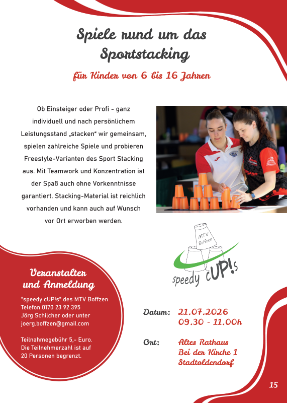 Poster for 'Spiele rund um das Sportstacking' for children 6–16. Includes a photo of two girls stacking orange cups, a descriptive paragraph, and a red circular info box with contact/fees, plus the Speedy Cups logo and event details: 21.07.2026, 09:30–11:00, Altes Rathaus, Bei der Kirche 1, Stadtoldendorf.