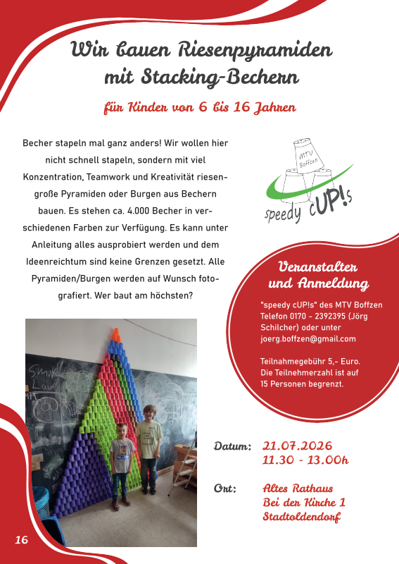 Event flyer promoting a cup-pyramid building workshop for children; photo shows three kids with a tall colorful cup pyramid in a classroom. The page has red decorative borders and a circular red info panel with details.