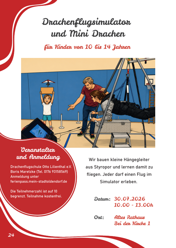 Werbeplakat für Drachenflugsimulator und Mini-Drachen für Kinder von 10 bis 14 Jahren; Foto zeigt Übungsaufbau und Bewegungsstation im Turnraum mit Helfern.