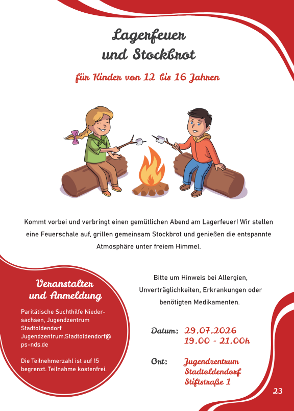 Flyer for a youth event 'Lagerfeuer und Stockbrot' (for children 12–16). Illustration of a girl and a boy on logs around a campfire roasting marshmallows; red decorative curves frame the page. Includes date, time, and venue: 29.07.2026, 19:00–21:00 at Jugendzentrum Stadtoldendorf.