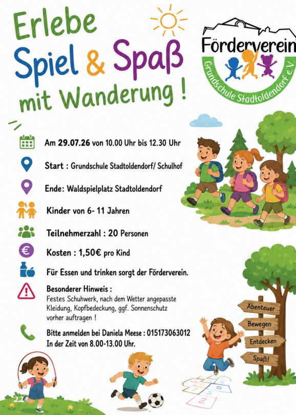 Colorful kids’ event flyer: Erlebe Spiel & Spaß mit Wanderung. 29.07.26, 10:00–12:30; Start Grundschule Stadtoldendorf, End Waldspielplatz Stadtoldendorf; for children 6–11; €1.50 per child; contact Daniela Meese.