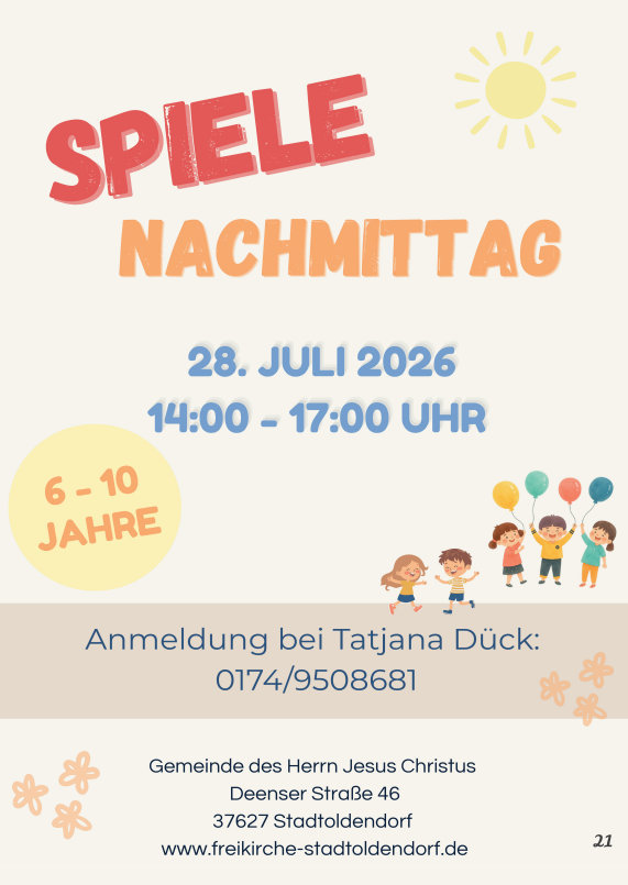 Poster: Spielnachmittag am 28. Juli 2026 von 14:00–17:00 Uhr für Kinder 6–10 Jahre; Anmeldung bei Tatjana Dück, 0174/9508681.