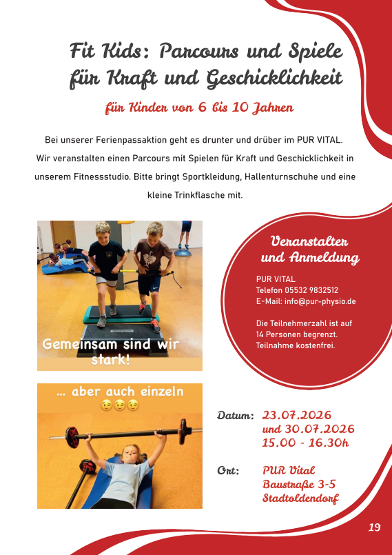 Flyer 'Fit Kids' mit Parcours und Spielen zur Kraft und Geschicklichkeit; zwei Übungsfotos von Kindern und rote Designelemente im Randbereich der Seite.
