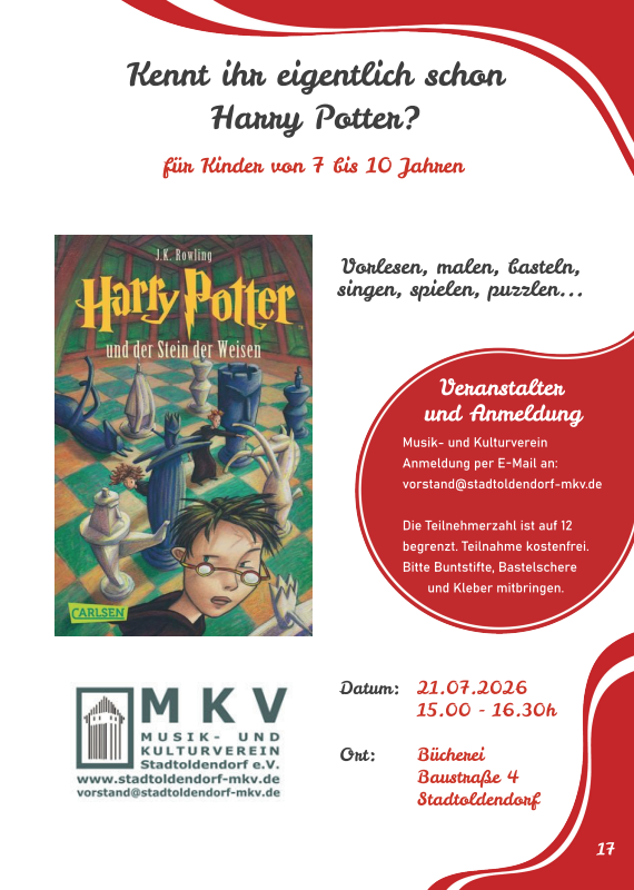German poster advertising a Harry Potter-themed children's event for ages 7–10 with reading, drawing, crafts and songs; date 21.07.2026, 15:00–16:30, at Stadtoldendorf library (Bücherei, Baustraße 4).