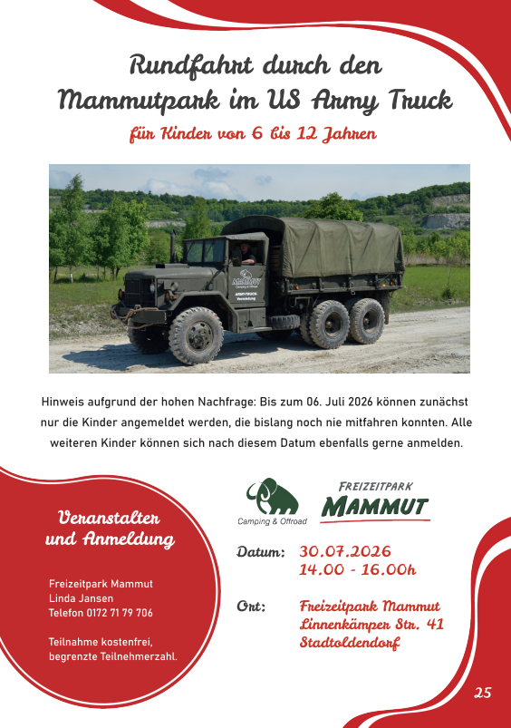 Flyer for a children's ride through Mammutpark in a US Army truck, for kids aged 6–12, with date and location details. Image shows a vintage military truck on a dirt road.