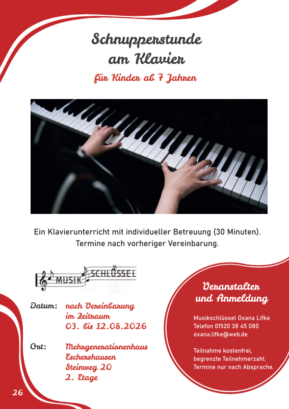 Piano trial lesson flyer for children 7+ with photo of hands on keys and event details (date, location, contact) included in red-accented design.