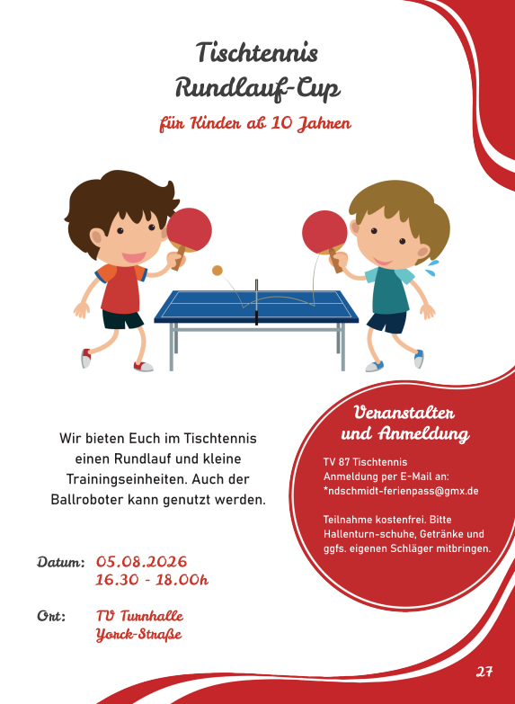 Flyer für ein Tischtennis-Rundlauf-Event: zwei Kinder spielen Tischtennis; Datum 05.08.2026, 16:30–18:00, Ort TV Turnhalle Yonck-Straße; Anmeldedaten im Text.