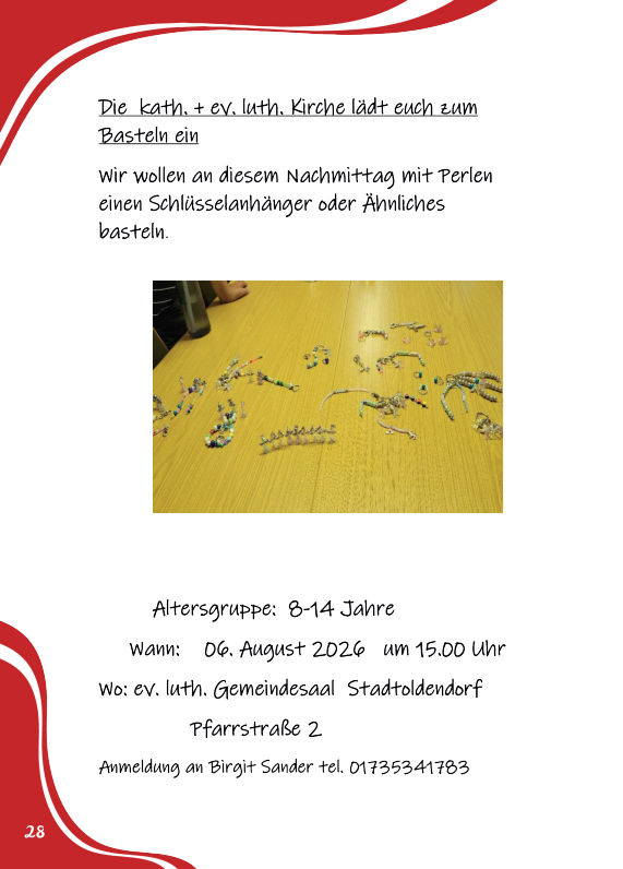 German church event flyer inviting children 8–14 to craft beaded keychains; shows beaded crafts on a wooden table with decorative red borders.
