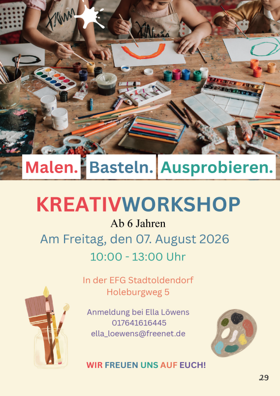 Event poster for a children's Kreativworkshop with painting and crafts; date Fri 07 Aug 2026, 10:00–13:00, Holbergweg 5, Stadtoldendorf.
