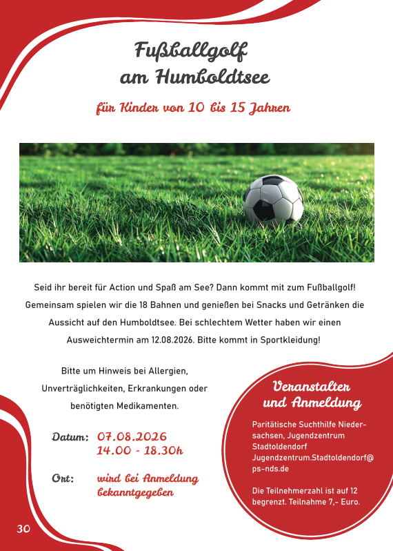 Event flyer advertising Fußballgolf am Humboldtsee for children aged 10–15, featuring a soccer ball on grass and registration details in red circle graphic.