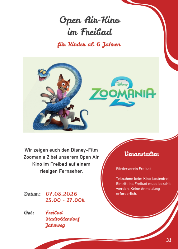 Flyer announcing Open Air Kino im Freibad: Disney’s Zoomania 2 for kids 6+, with date, time and place; red circular box lists organizer details.