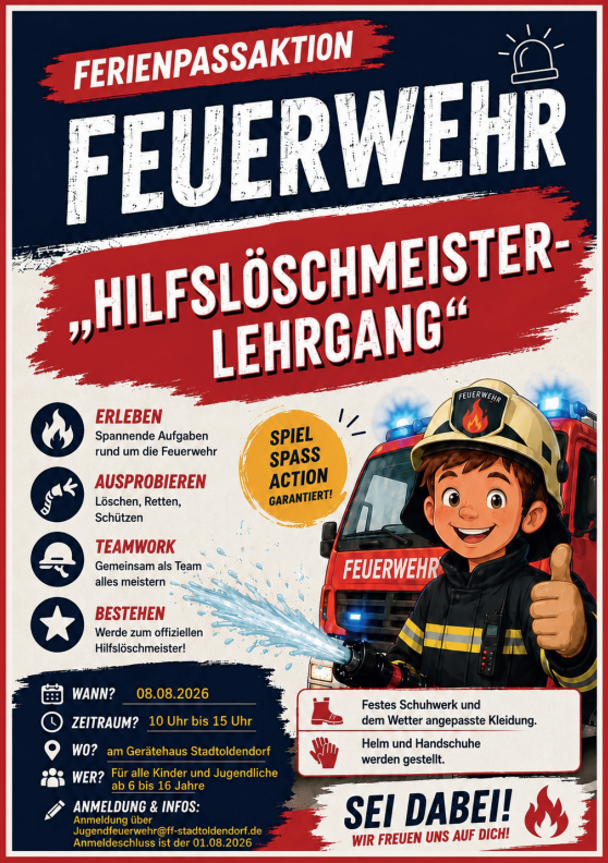 Poster for Ferienaktion Feuerwehr: 'Hilfslöschmeister-Lehrgang' with a cheerful firefighter and a red fire engine, promoting a kids' training event.