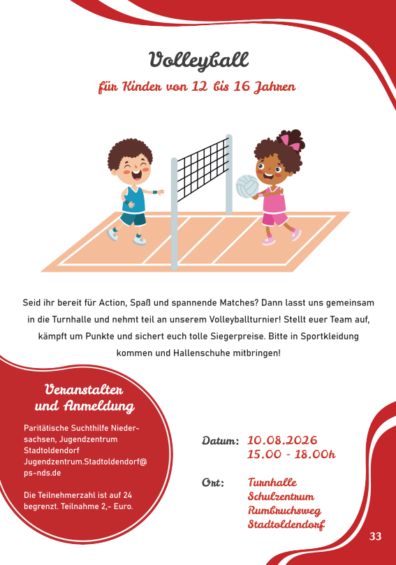 Illustration of a boy and a girl playing volleyball on a court with the title 'Volleyball für Kinder von 12 bis 16 Jahren' above them.
