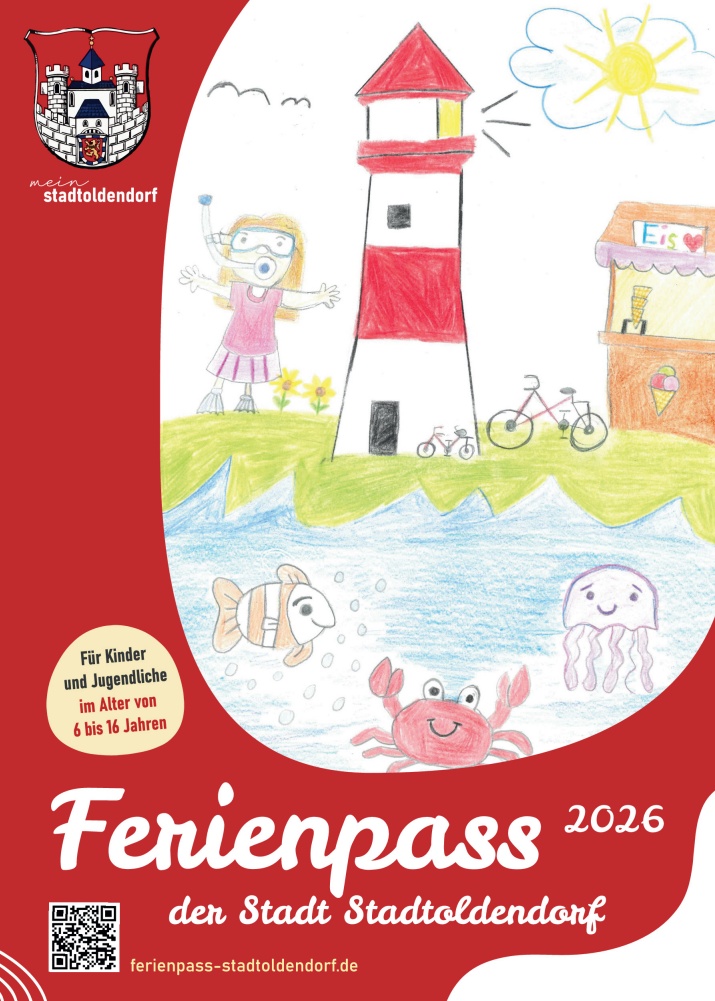 Ferienpass 2026 poster for Stadtoldendorf featuring a red-and-white lighthouse, child in snorkeling gear, sun, bikes, and sea creatures near water.