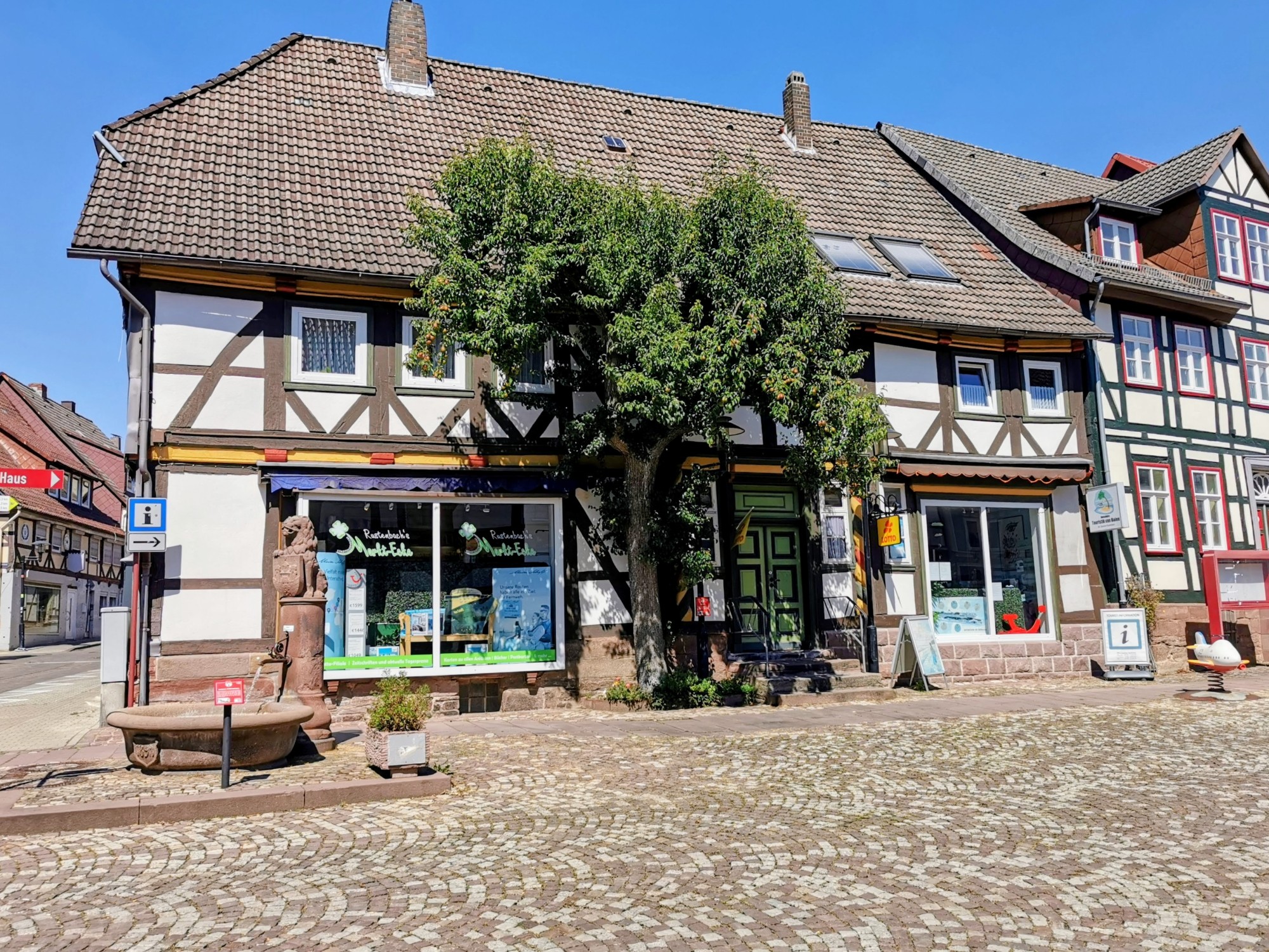 Quaint European street with timber-framed buildings, storefronts, and a large tree in front under a clear blue sky.