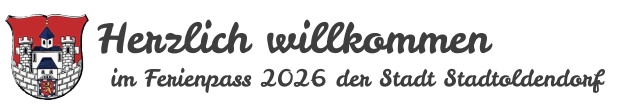 Willkommensbanner für den Ferienpass 2026 der Stadt Stadtoldendorf, mit dem Wappen links.