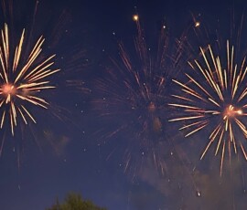 Two large golden fireworks bursts explode in a dark blue night sky, one on the left and one on the right, with tree silhouettes at the bottom.
