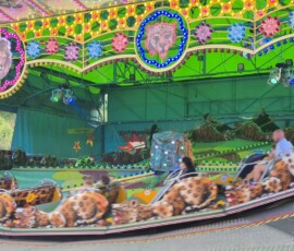 Colorful carnival ride with leopard-print train cars on a curved track, riders seated in each car amid bright decorative lights and lion portraits above.
